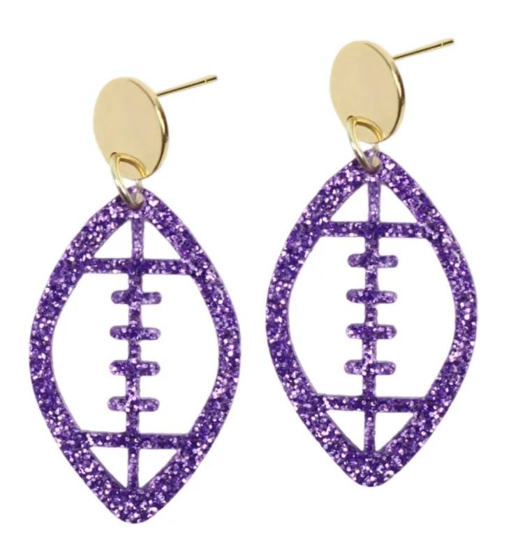 Acrylic Football Earring - Purple Glitter sold by Bourbon and Bowties