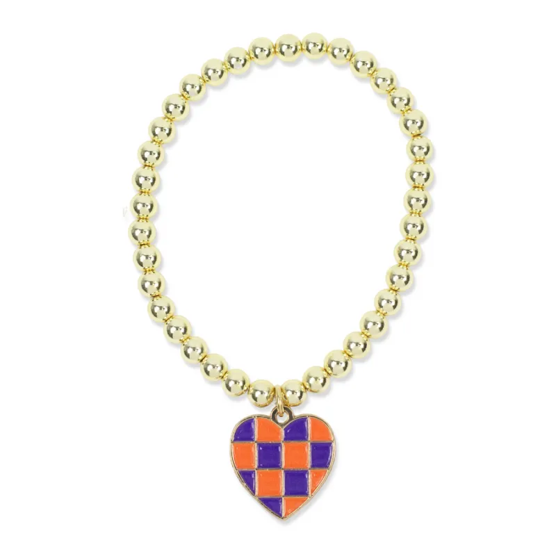 Gold Midi Stretch Bracelet - Orange & Purple Heart made by Bourbon and Bowties
