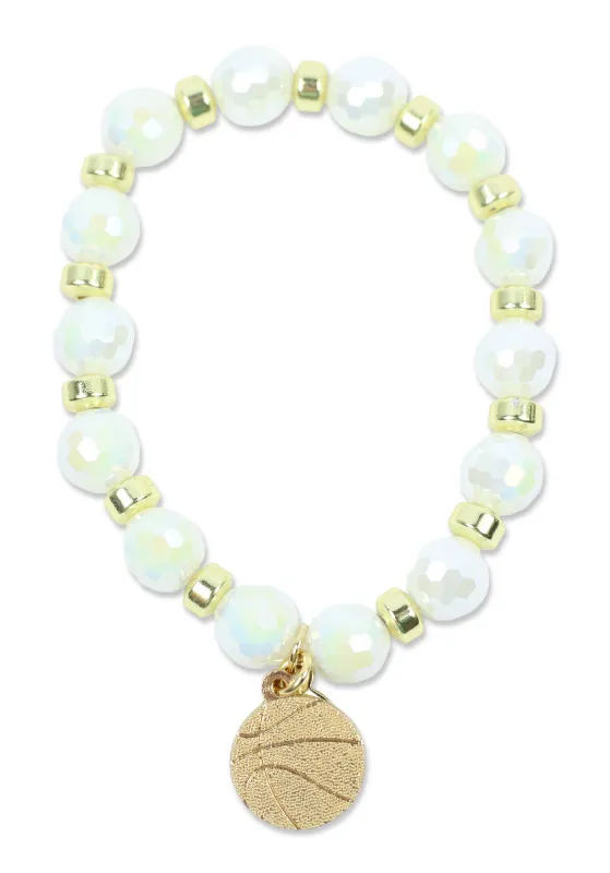 Shelby Stretch Bracelet - White Sparkle with Basketball Charm made by Bourbon and Bowties