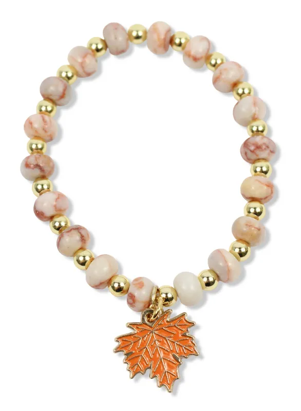 Annie Stretch Bracelet - Fall Jasper with Leaf Charm made by Bourbon and Bowties