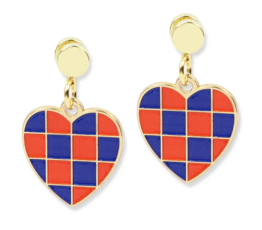 Checkered Heart Earring - Orange & Blue made by Bourbon and Bowties