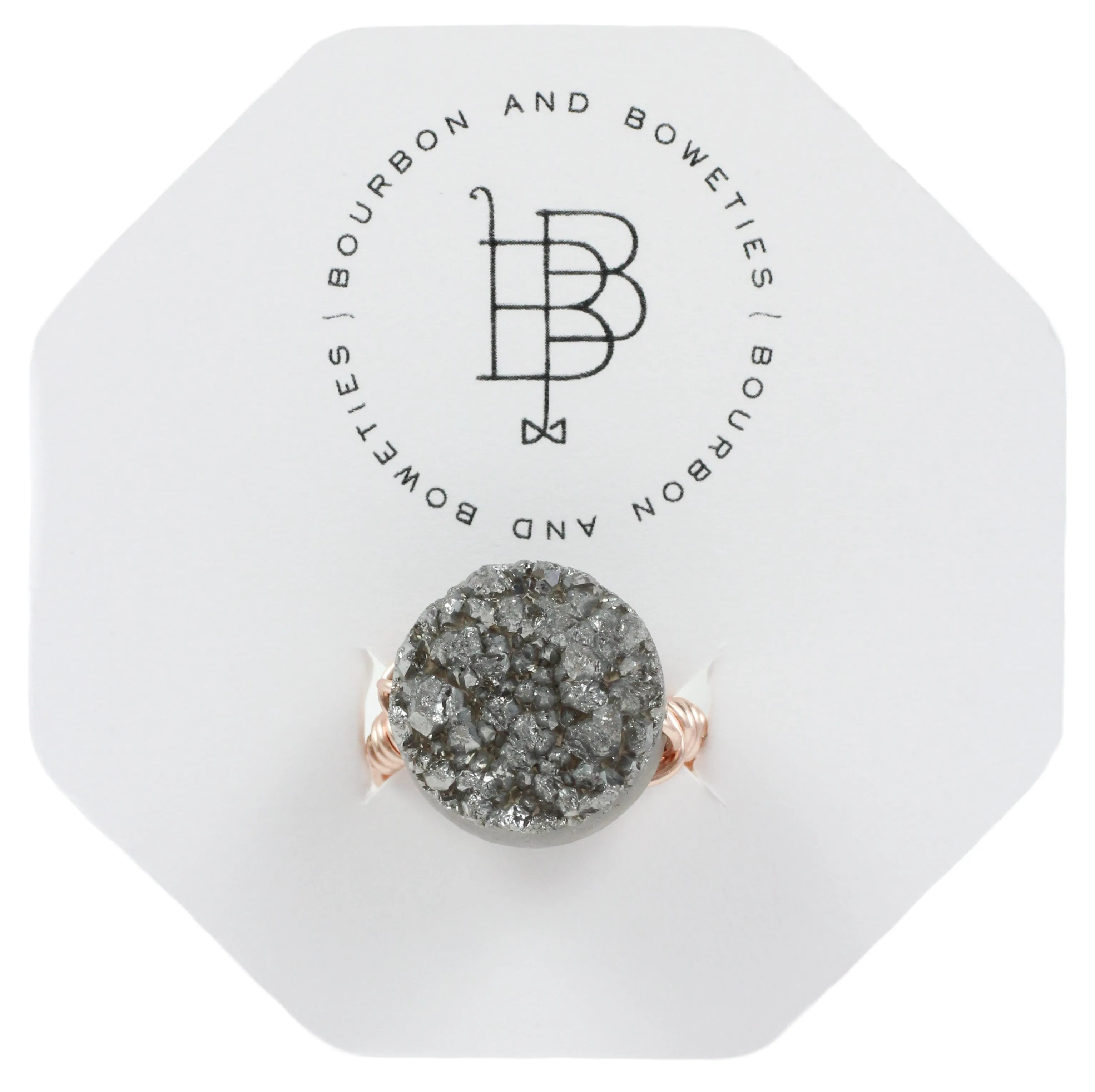 Grey Round Druzy on Rose Gold Ring sold by Bourbon and Bowties