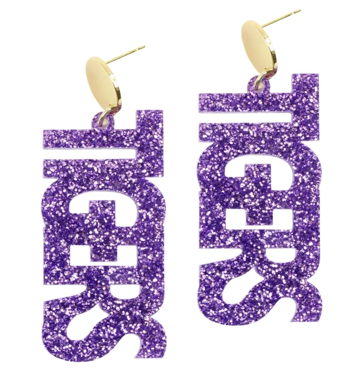 Tigers Acrylic Earring - Purple Glitter sold by Bourbon and Bowties