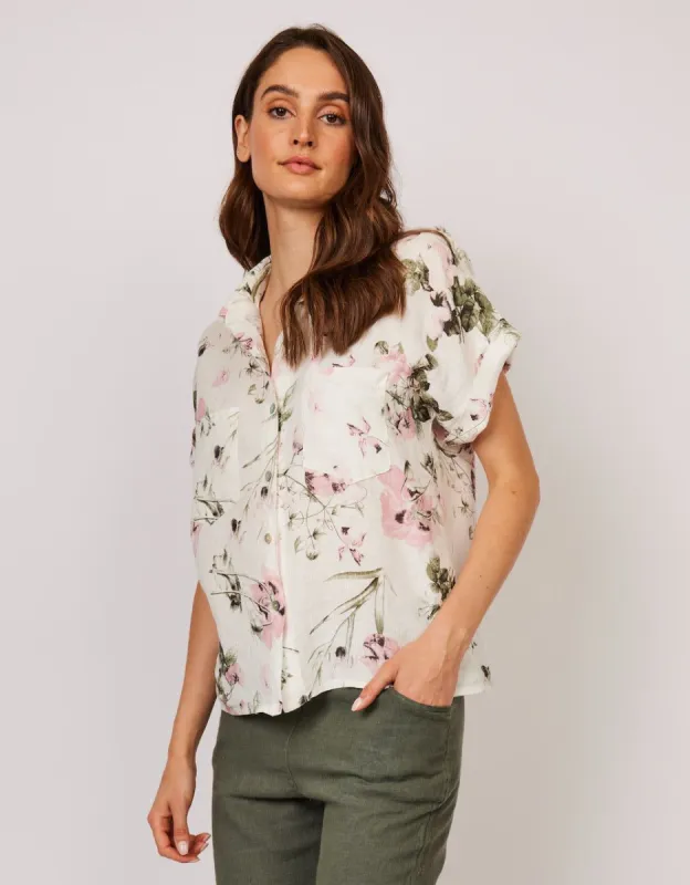 Pistache SS Double Pocket Linen Blouse - Pink Floral sold by Boutique with Grace