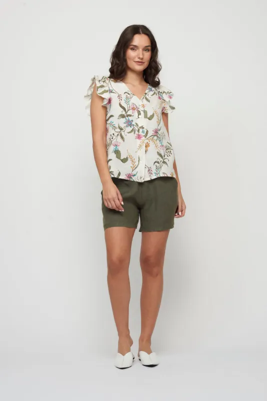 Pistache Ruffle Sleeve Linen Blouse - Wild Flower sold by Boutique with Grace