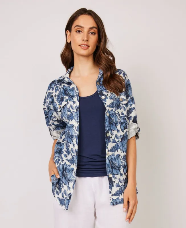 Pistache Double Pocket Linen Blouse - Blue Floral sold by Boutique with Grace