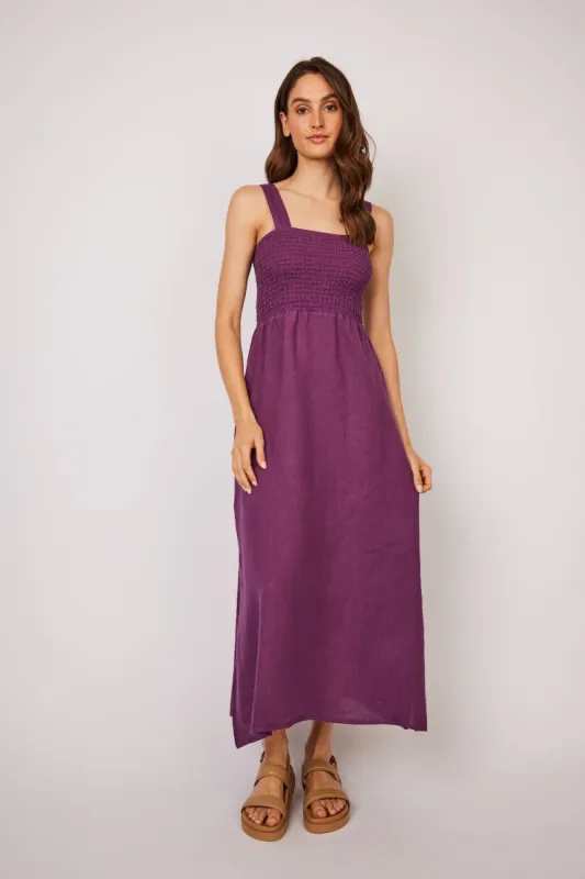 Pistache Smocked Linen Maxi - Aubergine sold by Boutique with Grace