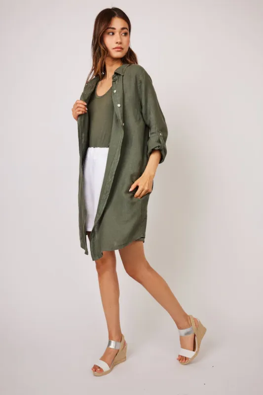 Pistache Buttondown Linen Dress -Safari sold by Boutique with Grace