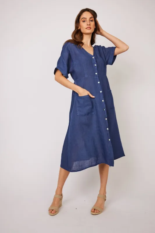 Pistache Buttondown Linen Dress - Dark Denim sold by Boutique with Grace