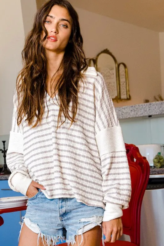Bucket List Collared Stripe Top - Ivory/Grey sold by Boutique with Grace