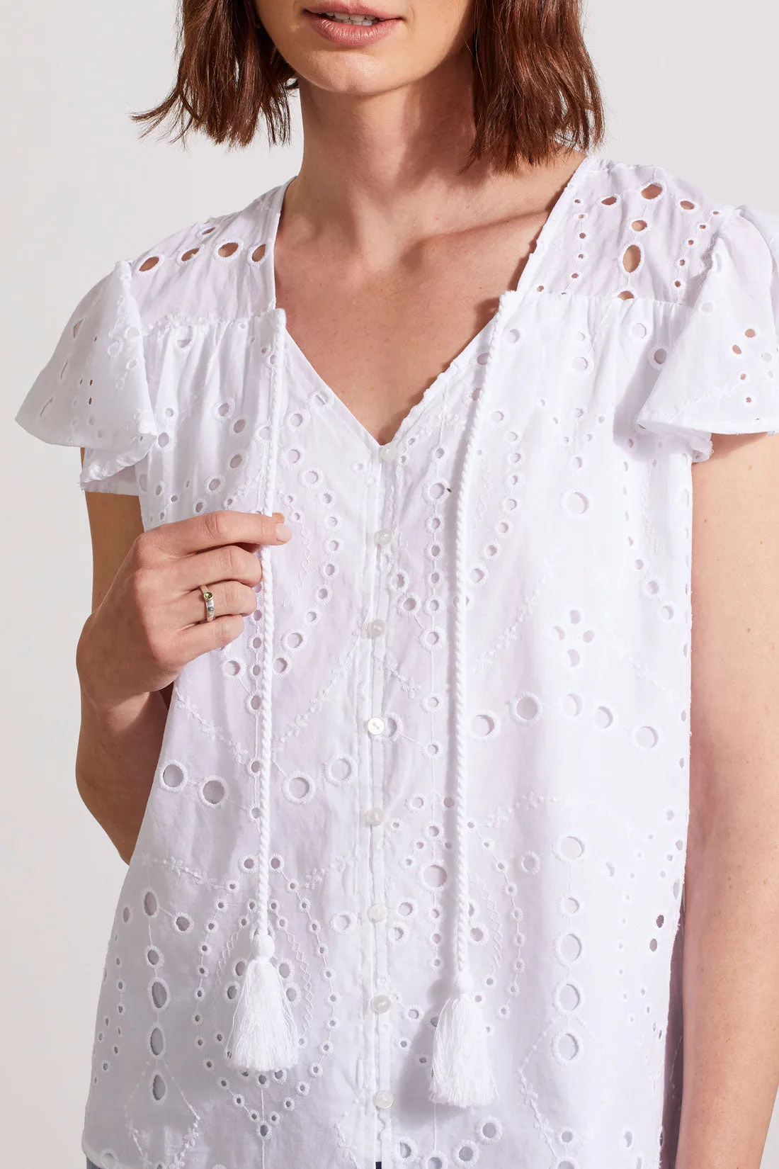Tribal Cap Sleeve Button Down - White sold by Boutique with Grace