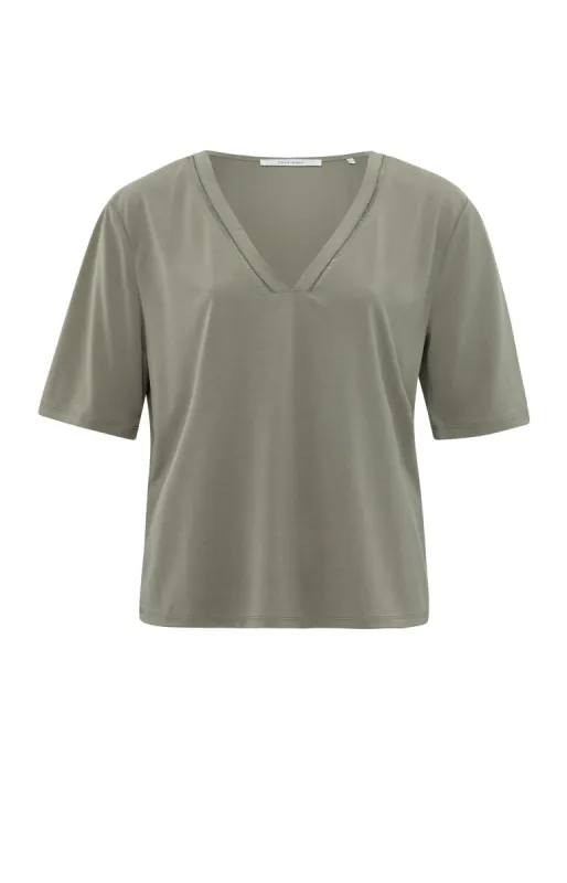 Yaya Tape Neckline Tee - Army Green sold by Boutique with Grace