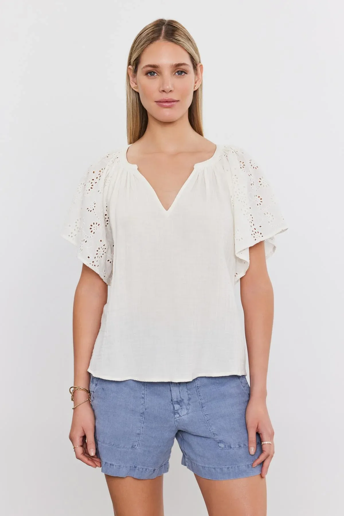 Velvet Tish Eyelet V-Neck Top - Coconut sold by Boutique with Grace