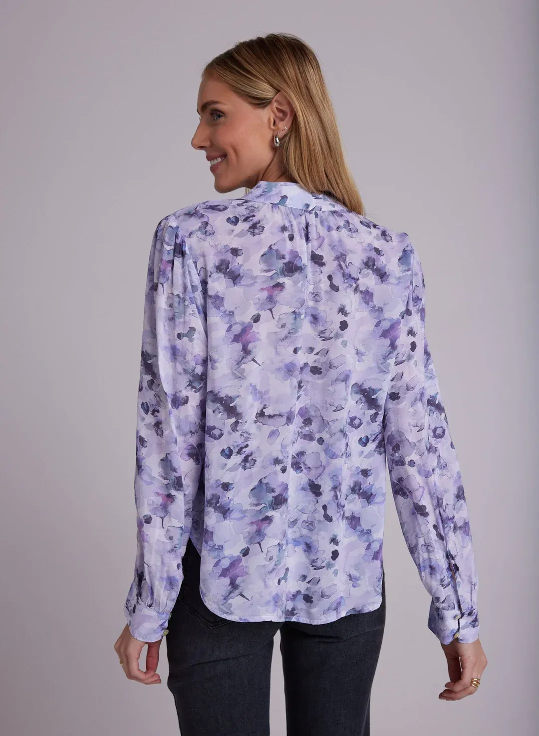 Bella Dahl Shirred Button Up Blouse - Lilac Floret Print sold by Boutique with Grace product image thumbnail 4