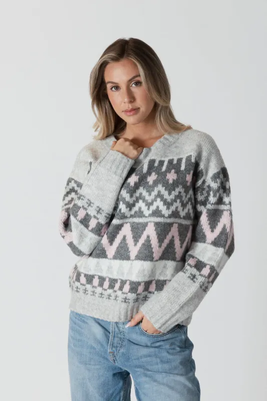 Lyla & Luxe Landen Fairisle Pullover - Grey/Pink sold by Boutique with Grace
