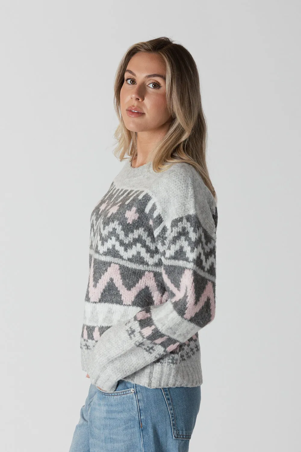 Lyla & Luxe Landen Fairisle Pullover - Grey/Pink sold by Boutique with Grace product image thumbnail 2