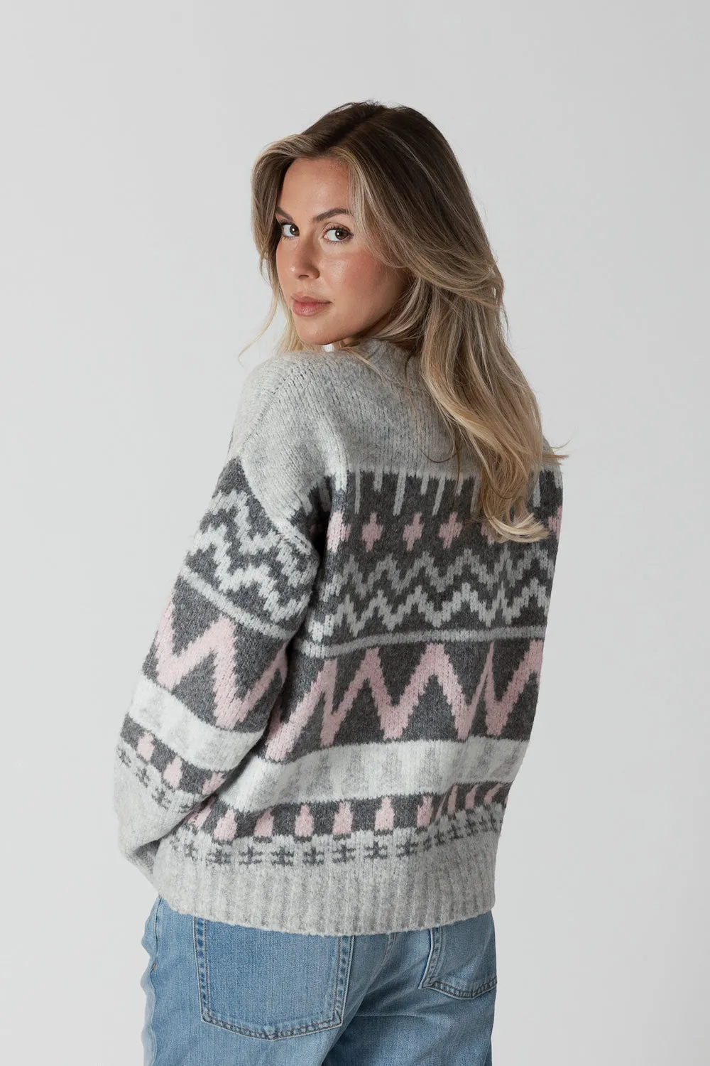 Lyla & Luxe Landen Fairisle Pullover - Grey/Pink sold by Boutique with Grace product image thumbnail 3