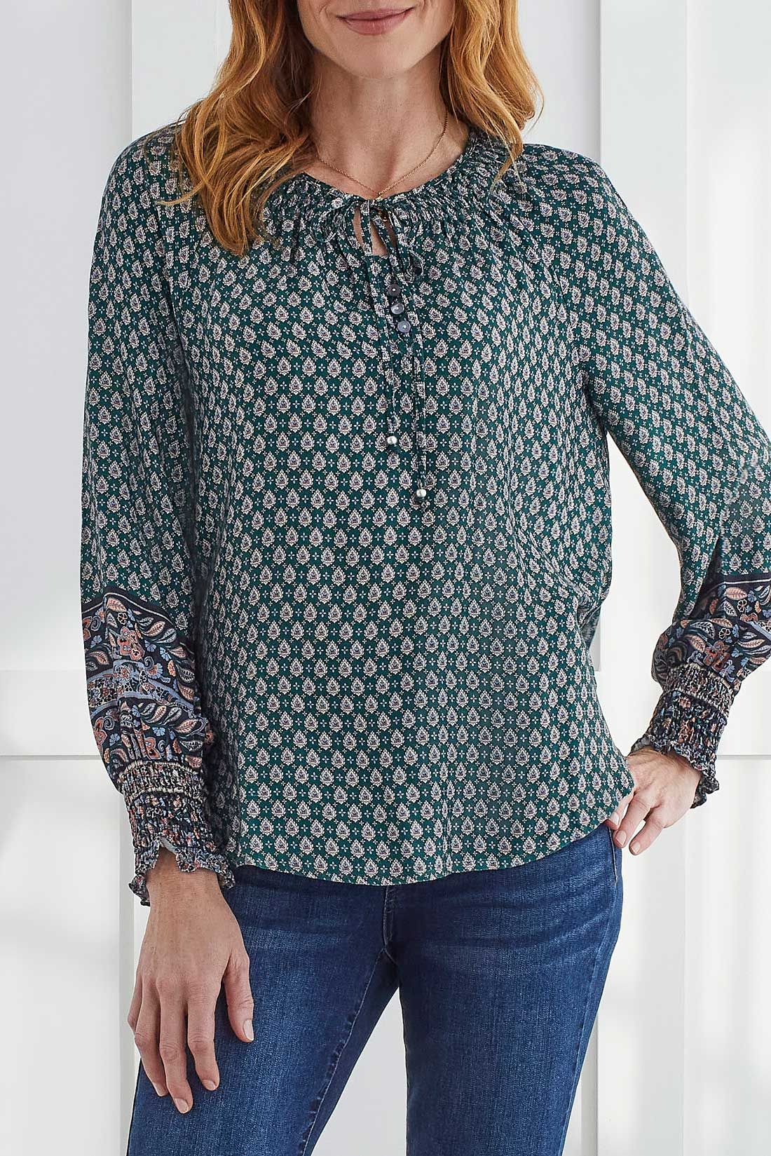 Tribal Smocked Lyndsey Blouse - Evergreen sold by Boutique with Grace product image thumbnail 2