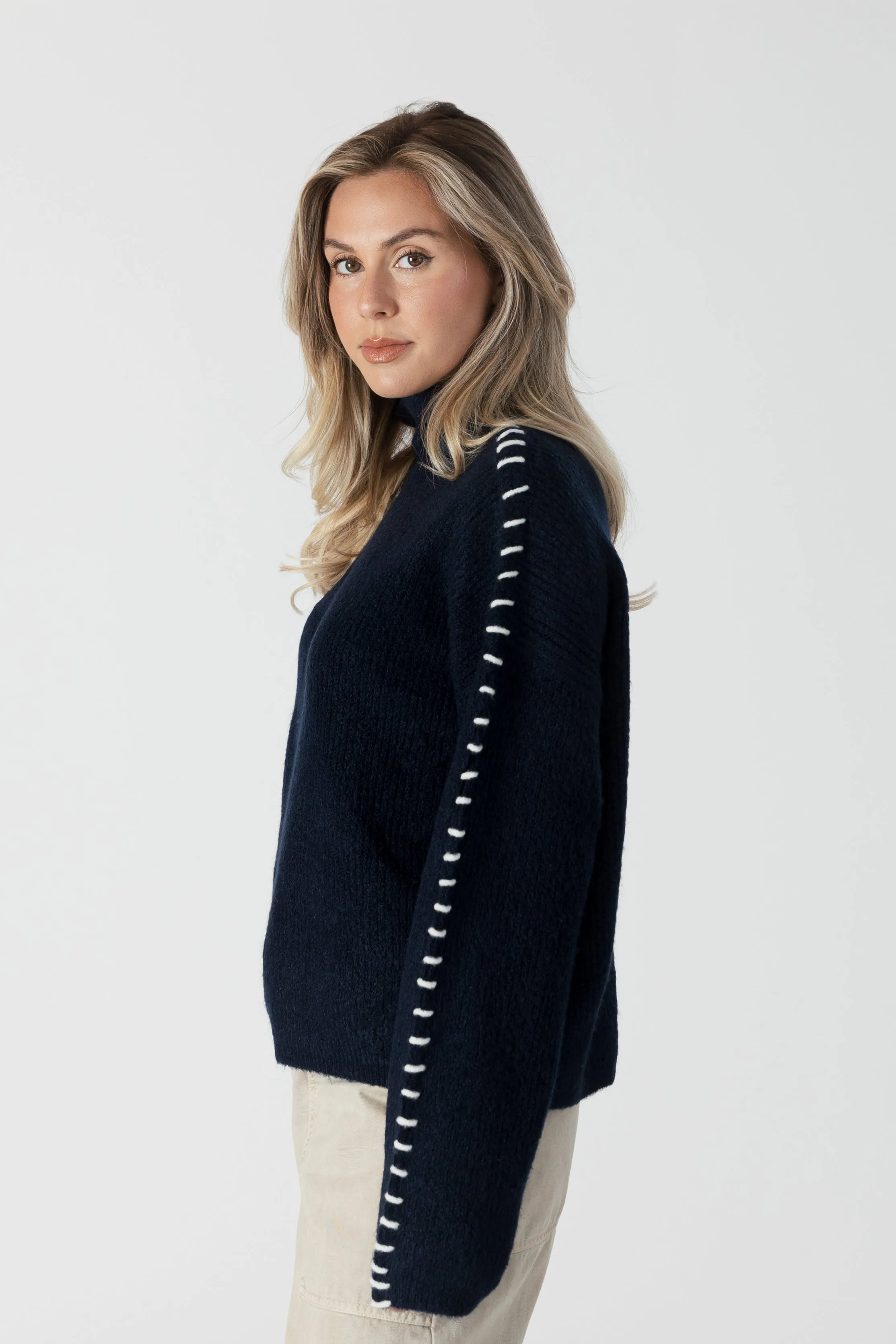 Lyla & Luxe Nyla Ribbed Mockneck - Navy/White sold by Boutique with Grace product image thumbnail 2