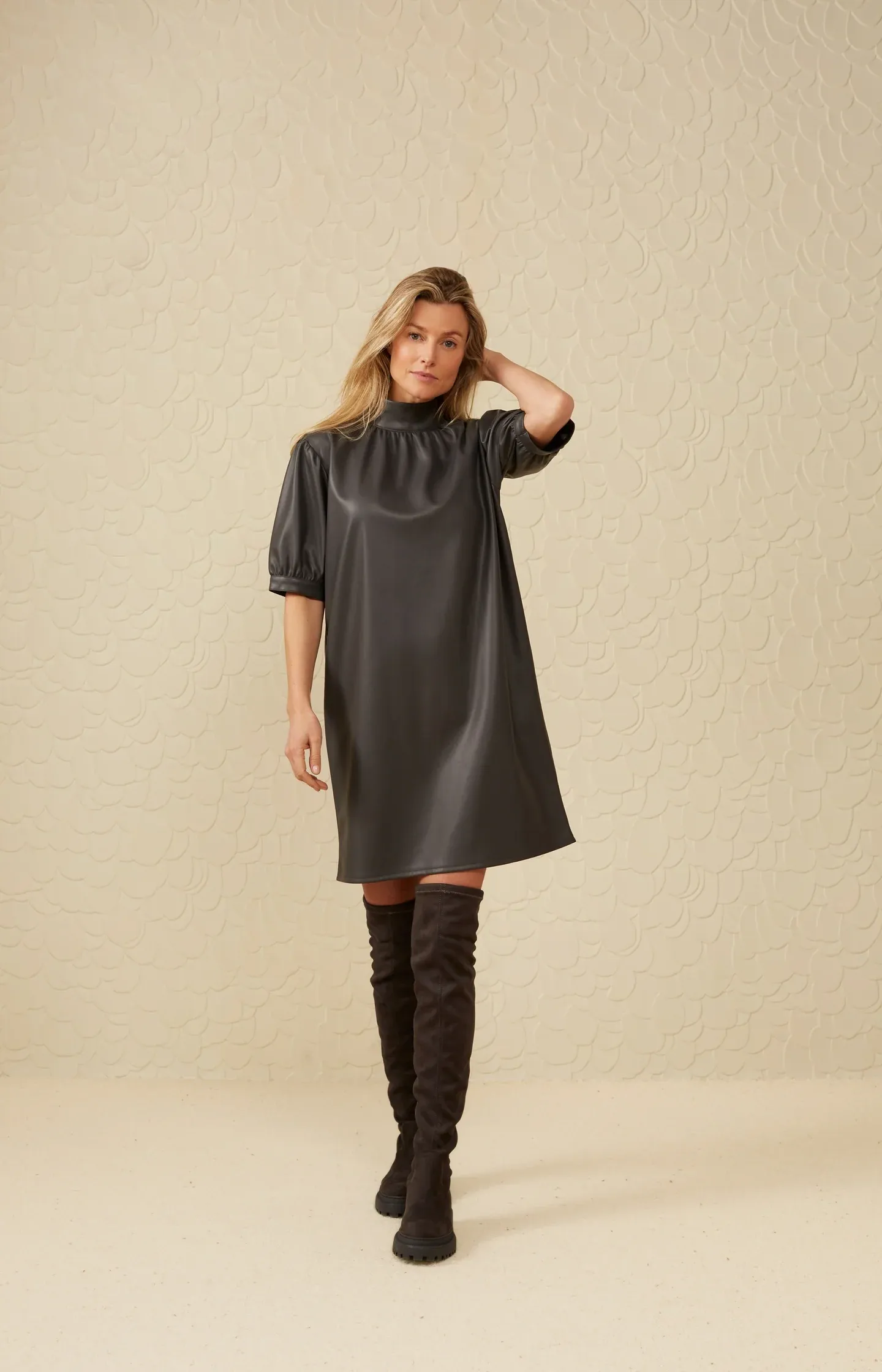 Yaya Short Sleeve Dress - Pinstripe Grey sold by Boutique with Grace