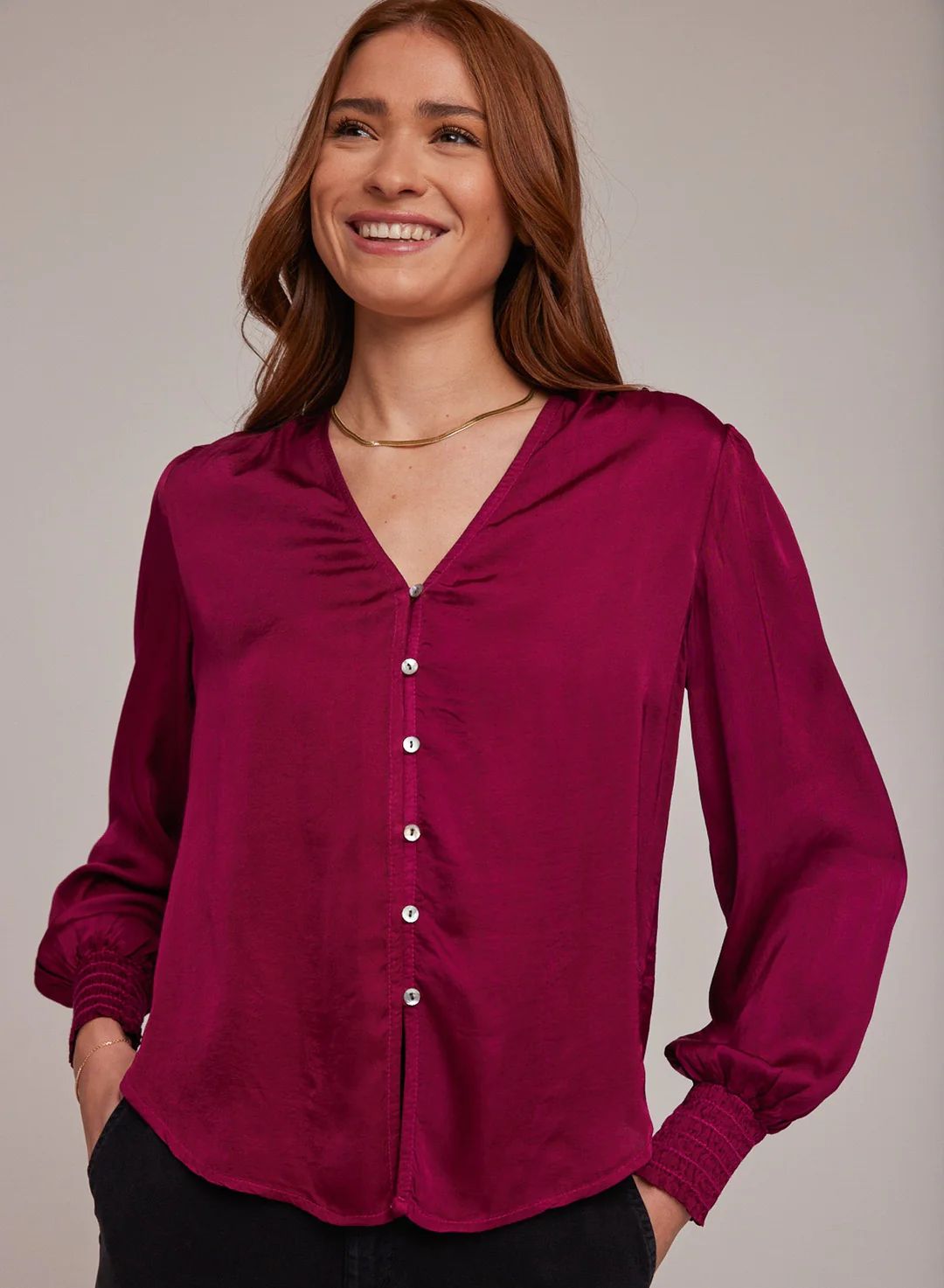Bella Dahl Smocked Cuff Button Down - Dark Fuchsia sold by Boutique with Grace product image thumbnail 2