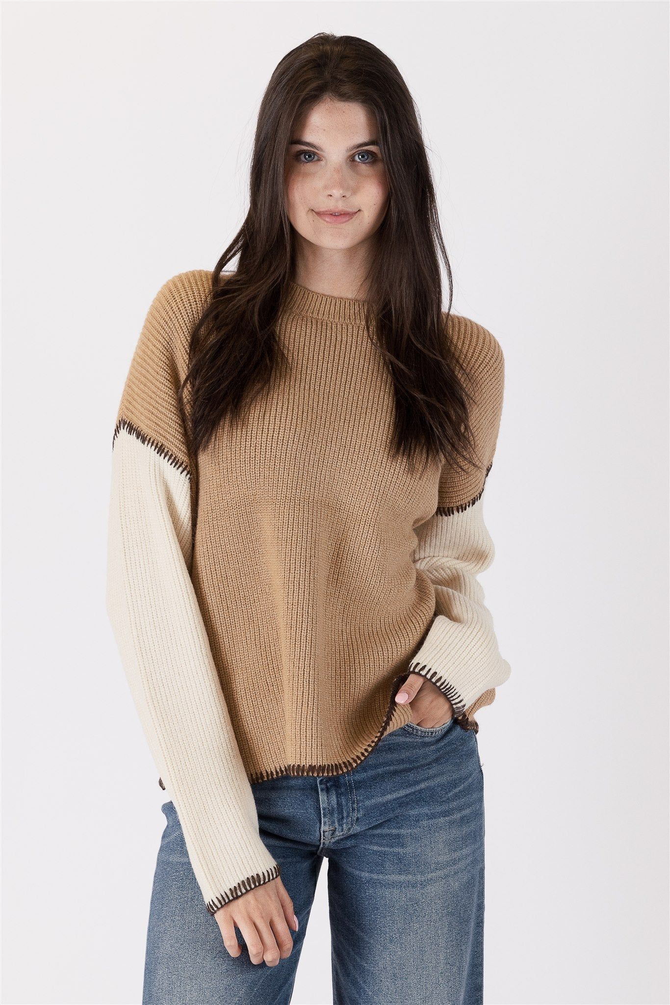 Lyla & Luxe Talia Contrast Sweater - Camel/Creme sold by Boutique with Grace