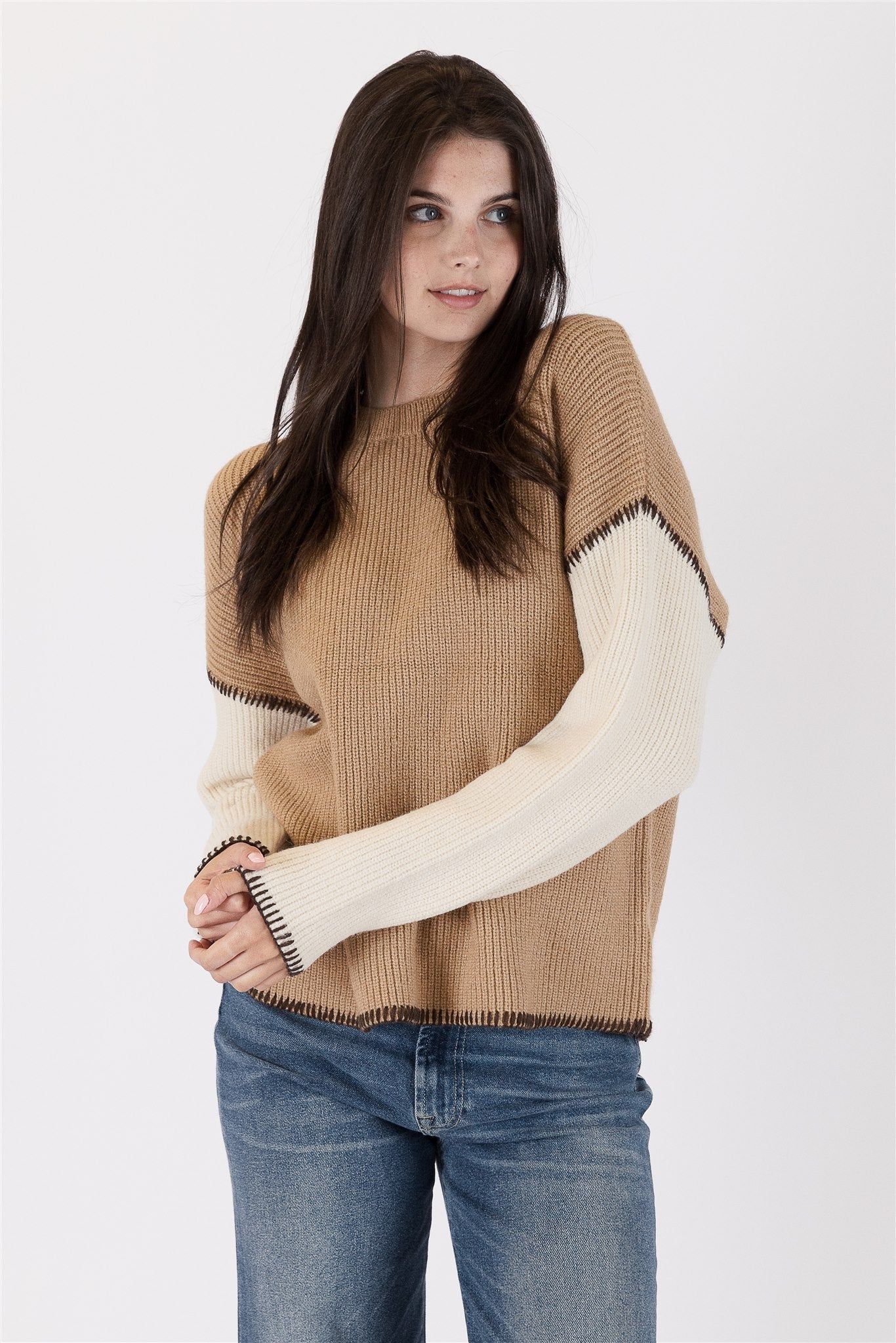 Lyla & Luxe Talia Contrast Sweater - Camel/Creme sold by Boutique with Grace product image thumbnail 2