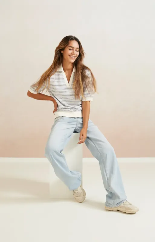 Yaya Striped Rib Polo - Xenon Blue Dessin sold by Boutique with Grace