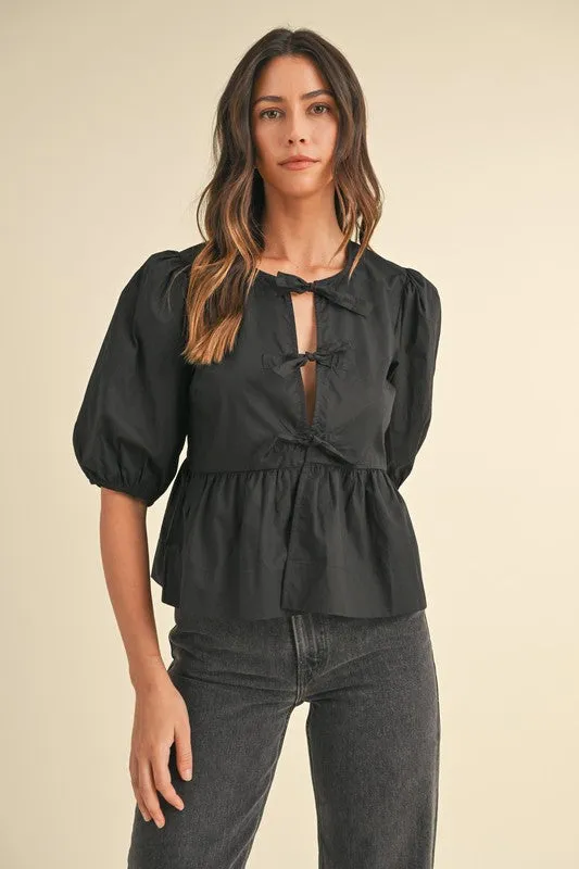 Mable Tie Front Blouse - Black sold by Boutique with Grace