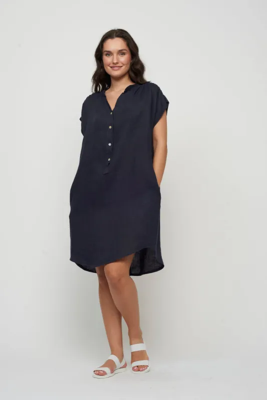 Pistache Ruched Shoulder Linen Dress - Navy sold by Boutique with Grace