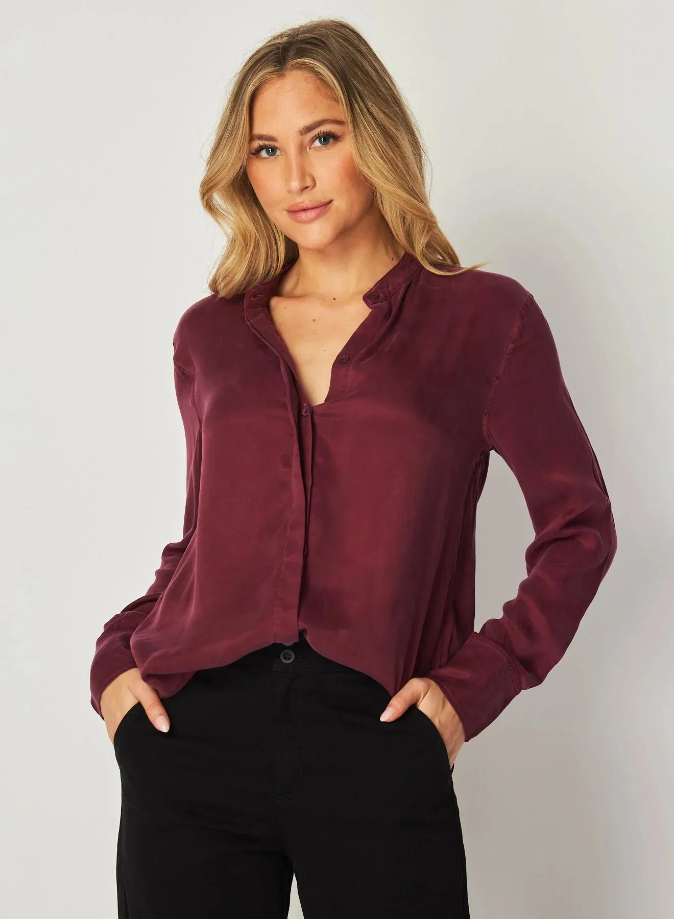 Bella Dahl Mandarin Collar Top - Deep Plum sold by Boutique with Grace