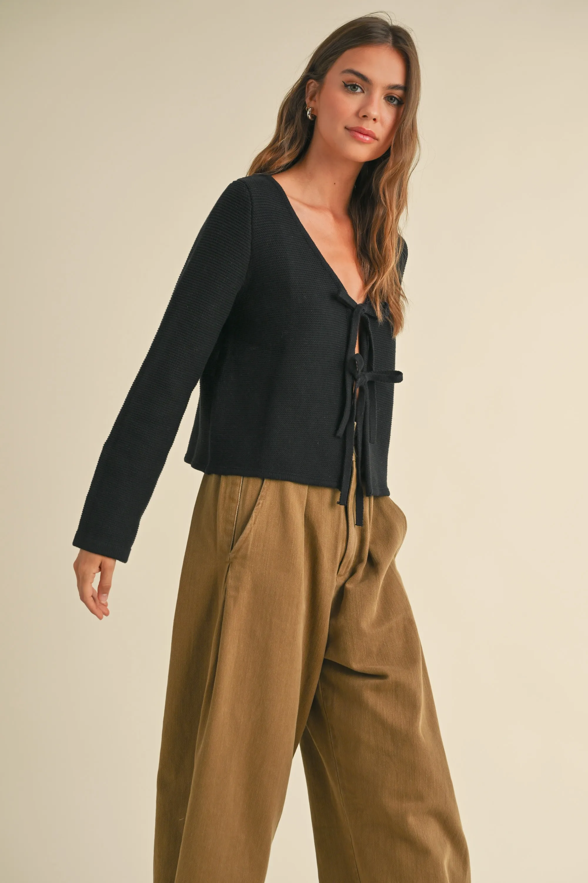 Miou Muse Knit Tie-Front Cardi - Black sold by Boutique with Grace product image thumbnail 5