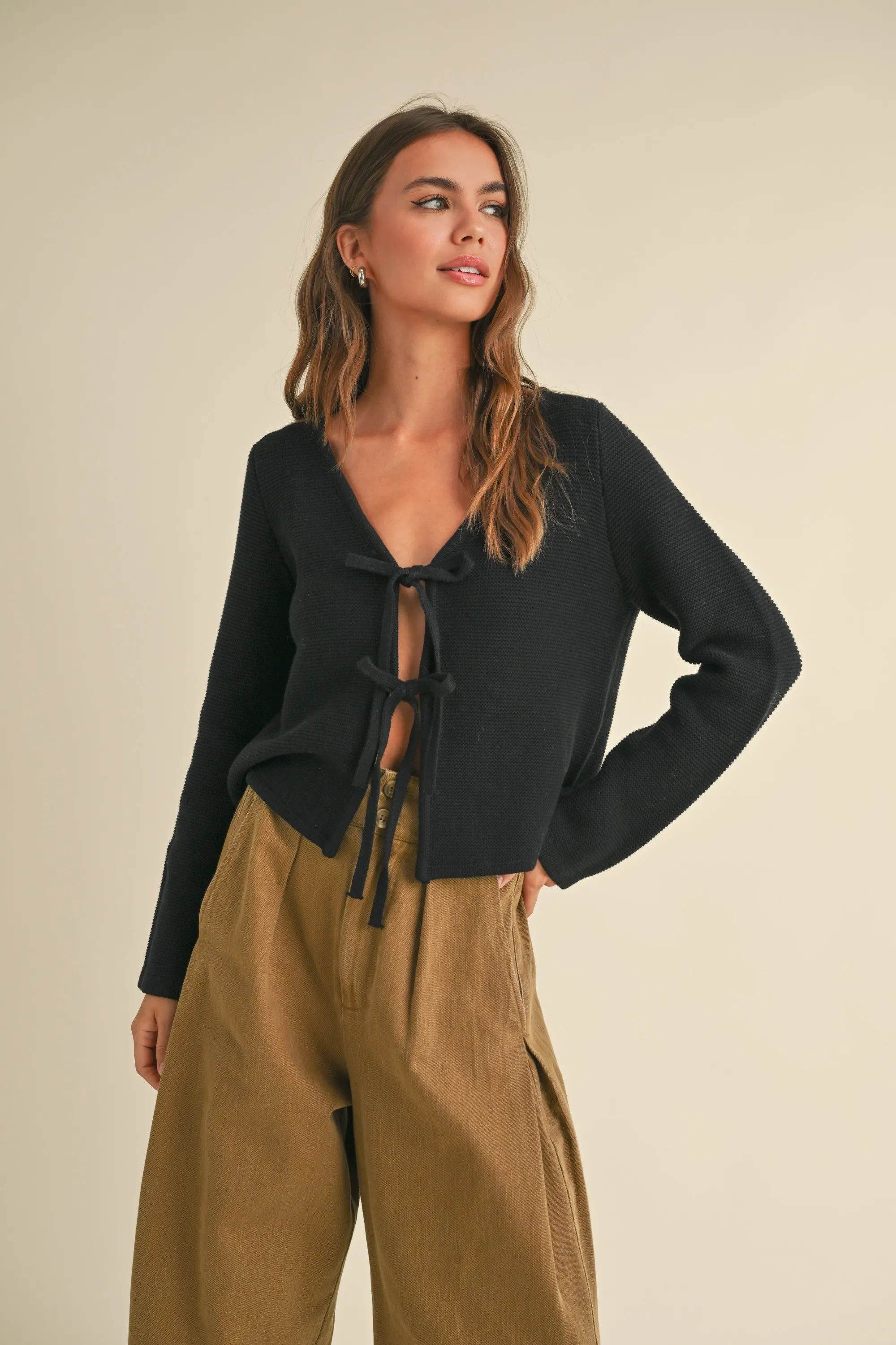 Miou Muse Knit Tie-Front Cardi - Black sold by Boutique with Grace product image thumbnail 2