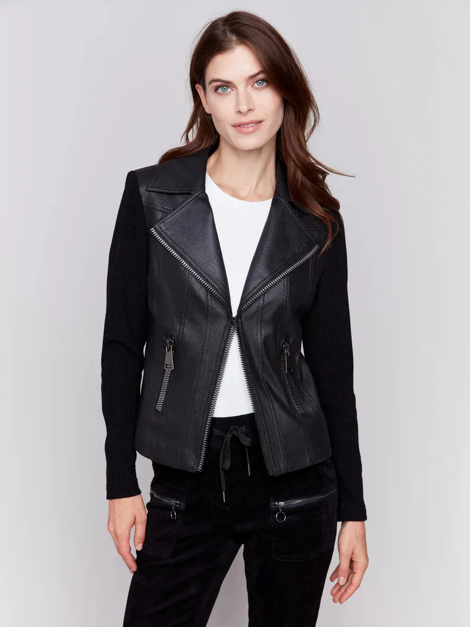 Charlie B Vintage Faux Leather & Rib Jacket sold by Boutique with Grace