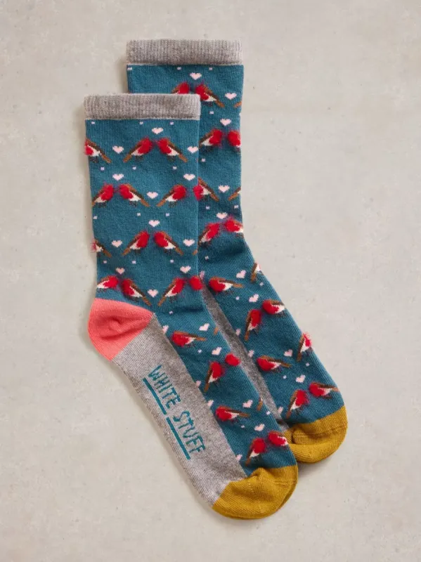 White Stuff Fluffy Robin Ankle Sock - Teal Multi sold by Boutique with Grace