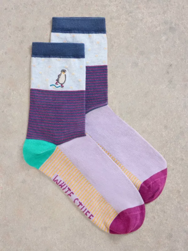 White Stuff Embroidered Penguin Ankle Sock - Blue sold by Boutique with Grace