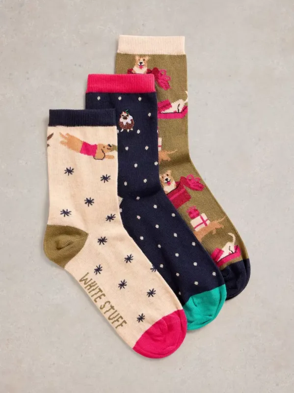 White Stuff 3 Pack Christmas Dog Socks - Navy Multi sold by Boutique with Grace