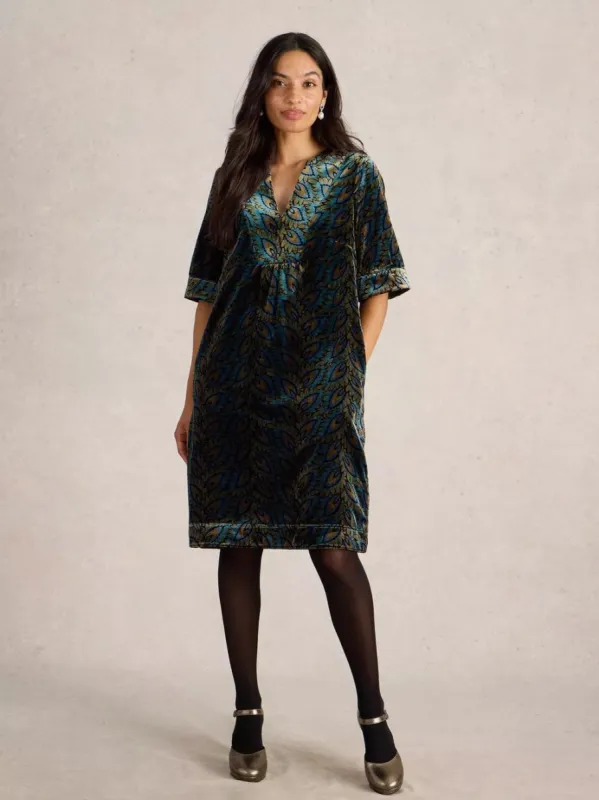 White Stuff Ash Velvet Mix Dress - Teal Print sold by Boutique with Grace