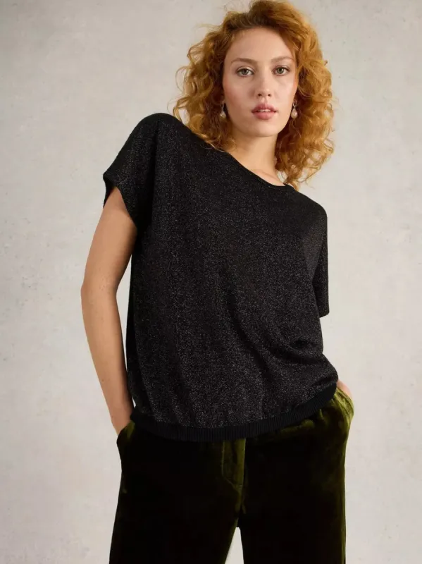 White Stuff Lena Sparkle Knit Tee - Pure Black sold by Boutique with Grace