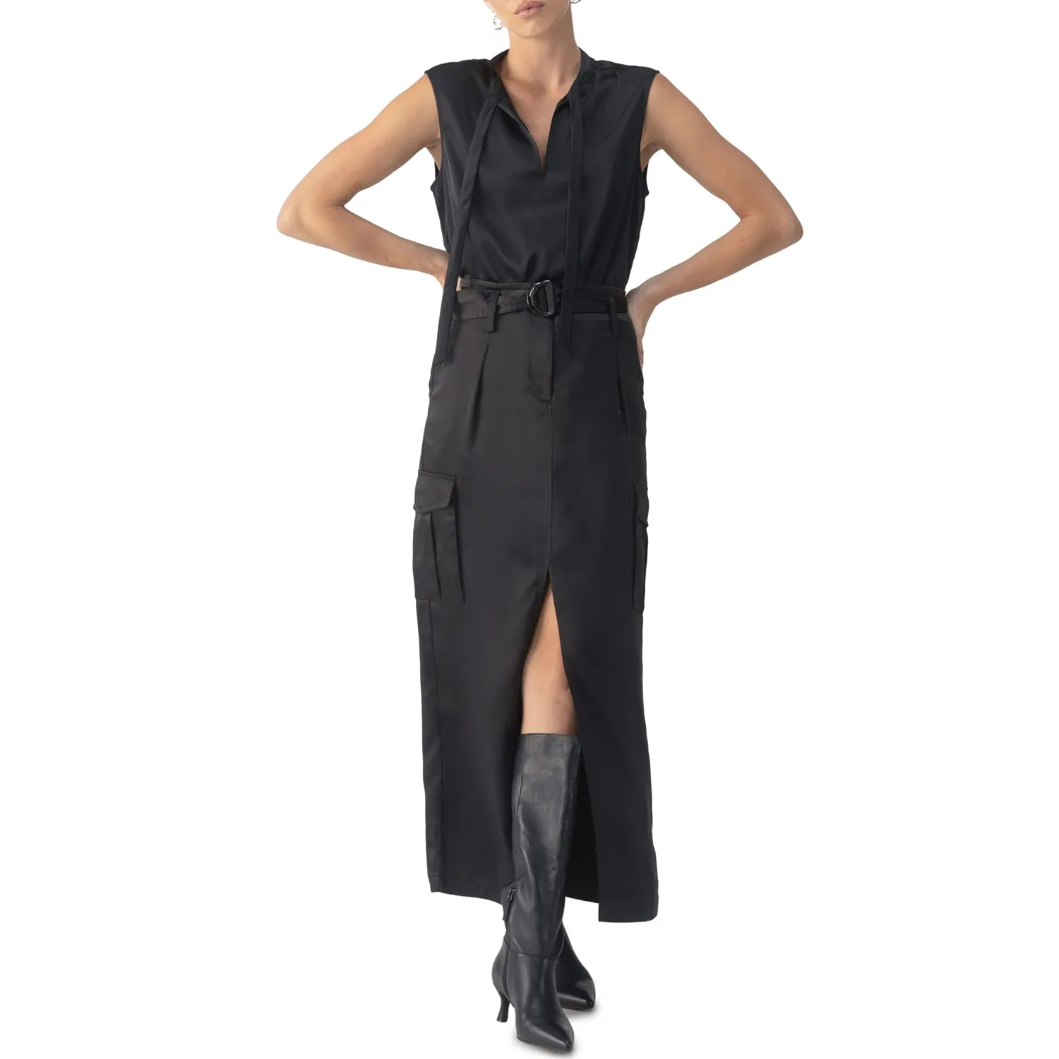 Sanctuary Tie Neck Satin Top - Black sold by Boutique with Grace