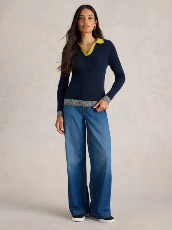 White Stuff Rib Collar Jumper - Navy Multi sold by Boutique with Grace