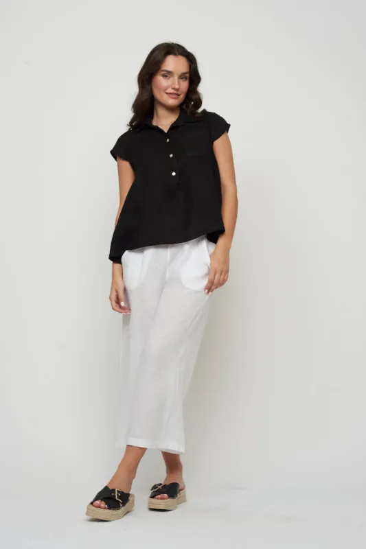 Pistache Cap Sleeve Linen Blouse - Black sold by Boutique with Grace