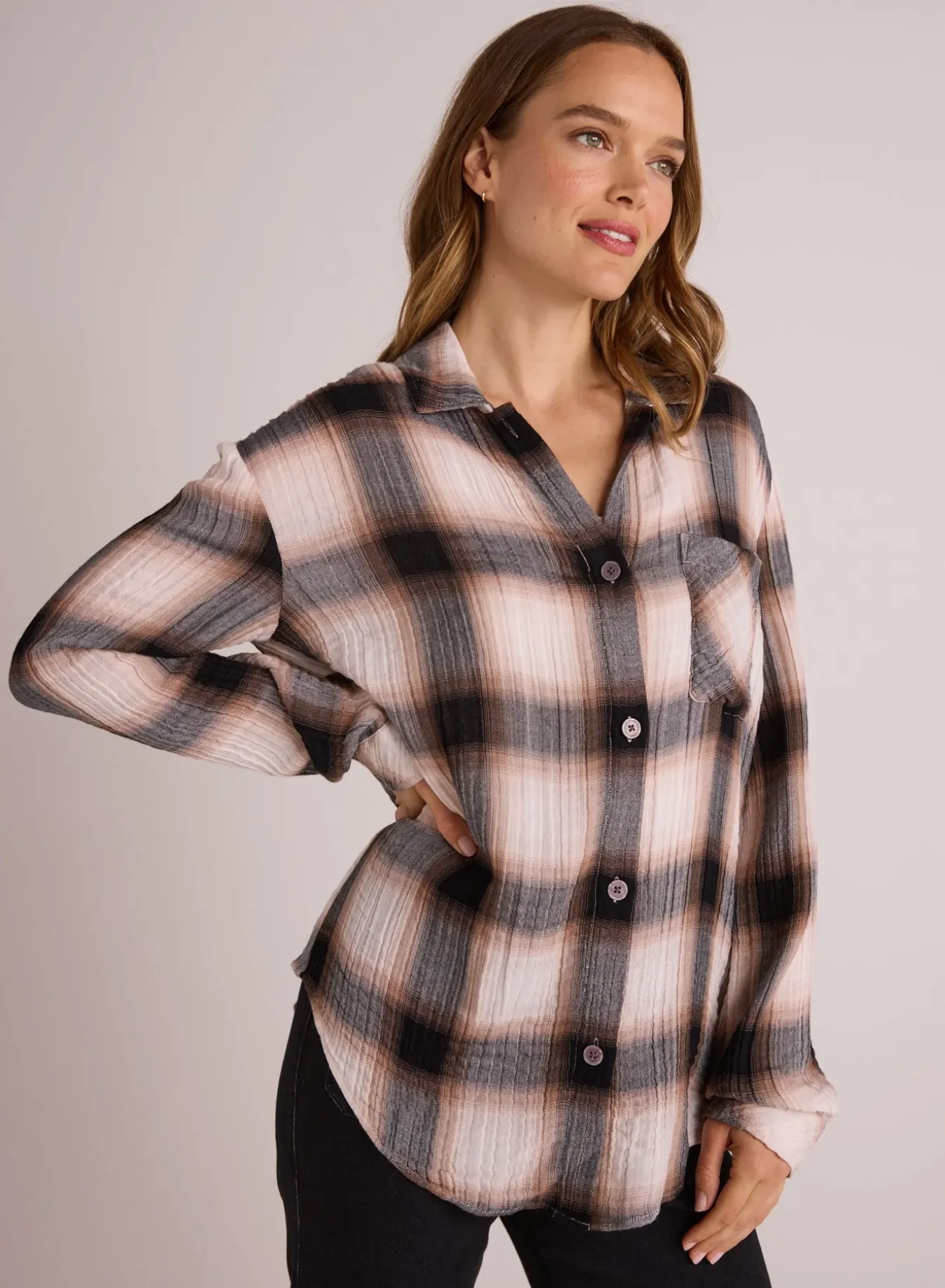 Bella Dahl Oversized Pocket Shirt - Winter Taupe Plaid sold by Boutique with Grace