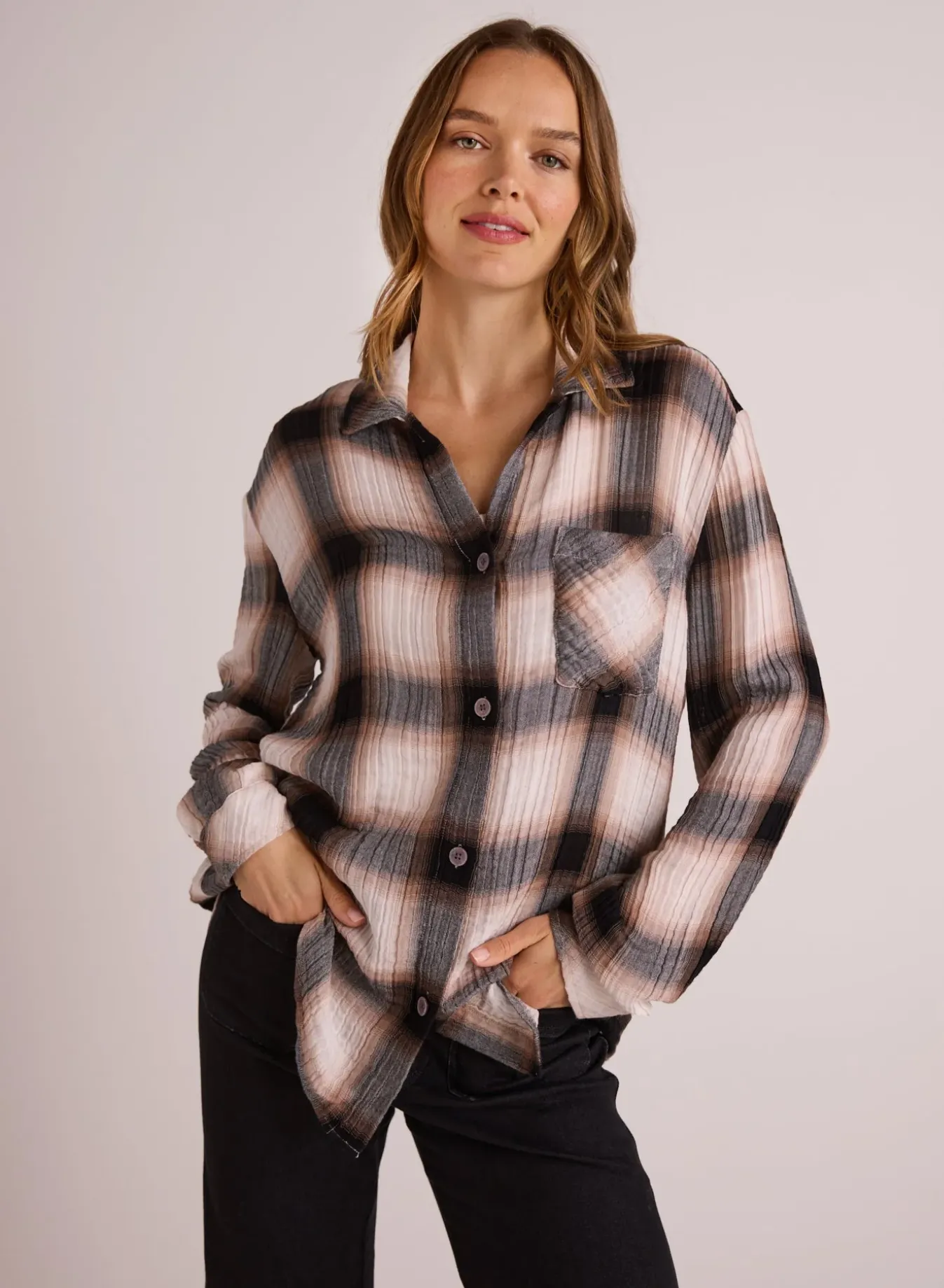 Bella Dahl Oversized Pocket Shirt - Winter Taupe Plaid sold by Boutique with Grace product image thumbnail 3