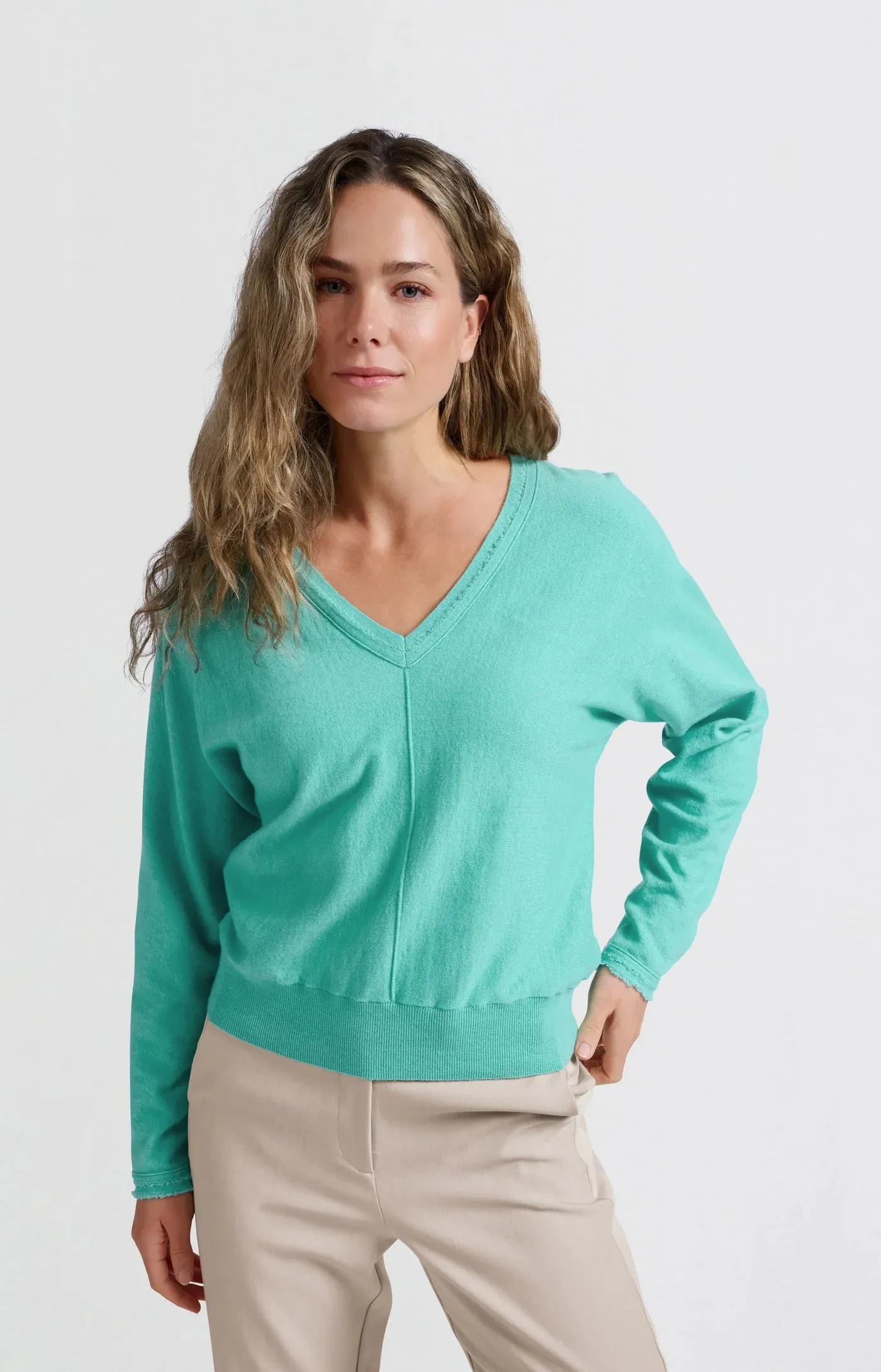 Yaya V-Neck Batwing Sweater - Pool Blue sold by Boutique with Grace