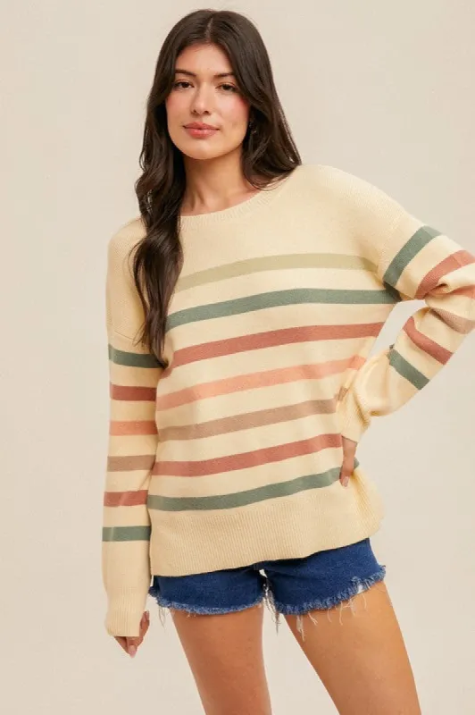 Hem & Thread Stripe Split Hem Sweater - Cream/Sage/Pink made by Hem & Thread