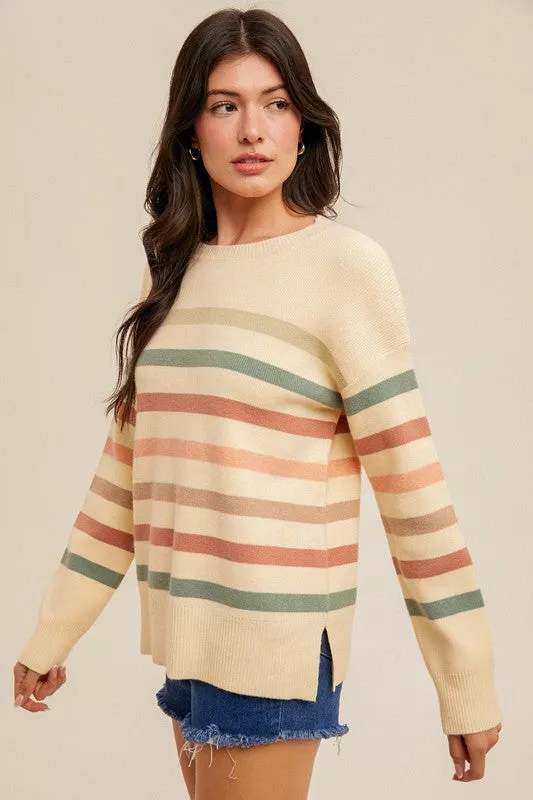 Hem & Thread Stripe Split Hem Sweater - Cream/Sage/Pink sold by Boutique with Grace product image thumbnail 3