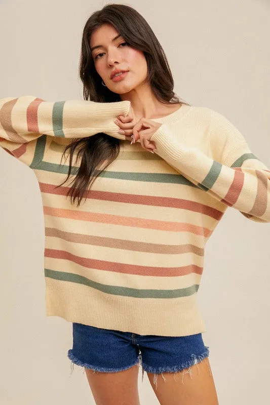 Hem & Thread Stripe Split Hem Sweater - Cream/Sage/Pink sold by Boutique with Grace product image thumbnail 2