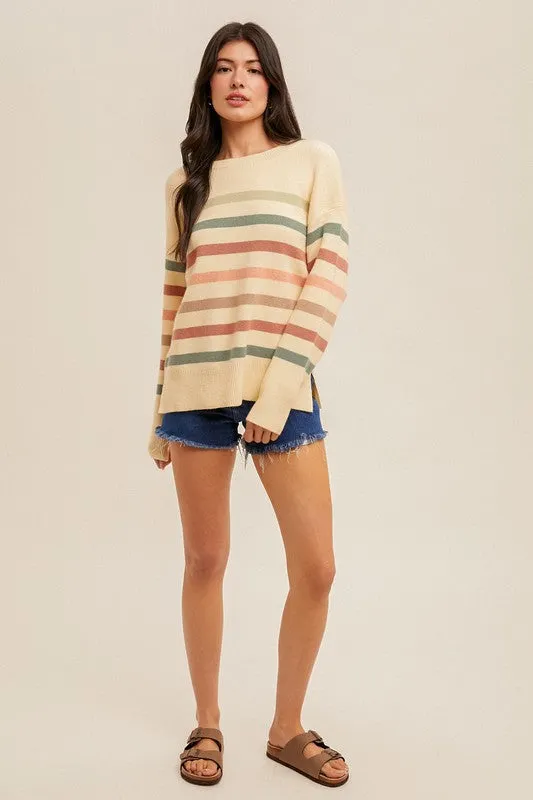 Hem & Thread Stripe Split Hem Sweater - Cream/Sage/Pink sold by Boutique with Grace product image thumbnail 4