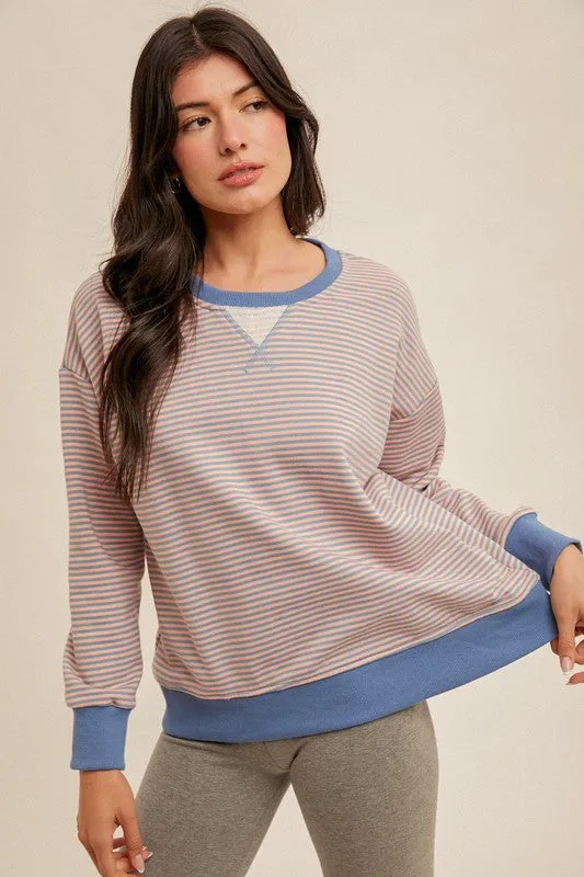 Hem & Thread Mini Stripe Oversized Sweatshirt - Blue/Coral sold by Boutique with Grace product image thumbnail 2